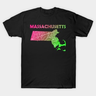 Colorful mandala art map of Massachusetts with text in pink and green T-Shirt